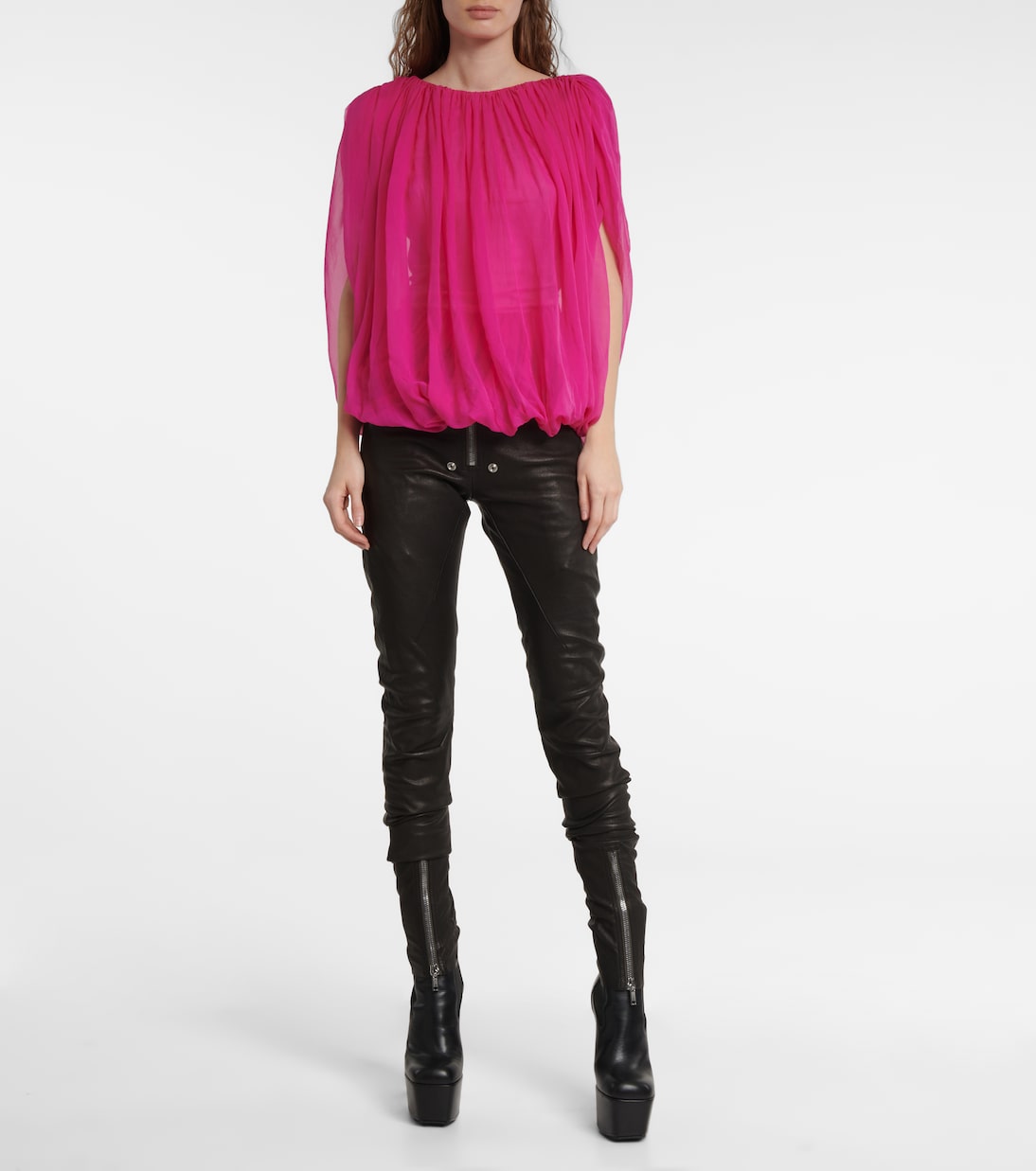 Топ из шелкового шифона со сборками Rick Owens, Hot Pink — фото 2