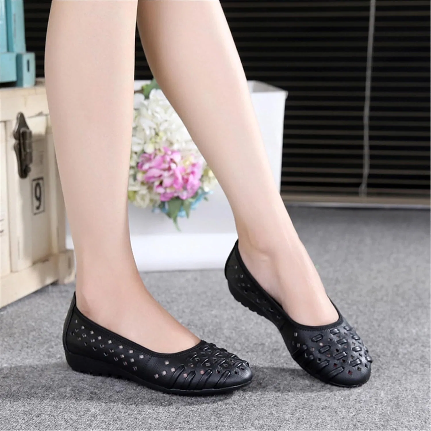 Лоферы женские дышащие Hollow Out Classic Round Toe, Black Gikleihwy — фото 3