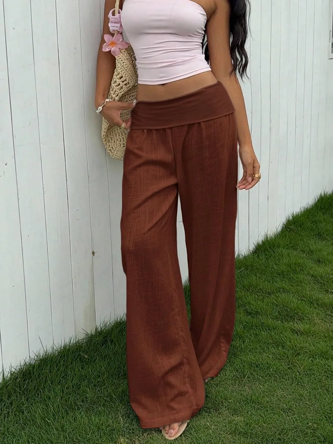 Женские палаццо брюки Boho Baggy широкие штаны на высокой талии свободные удобные эластичные домашние брюки для работы и повседневной носки GENERIC, A-Burgundy — фото 3