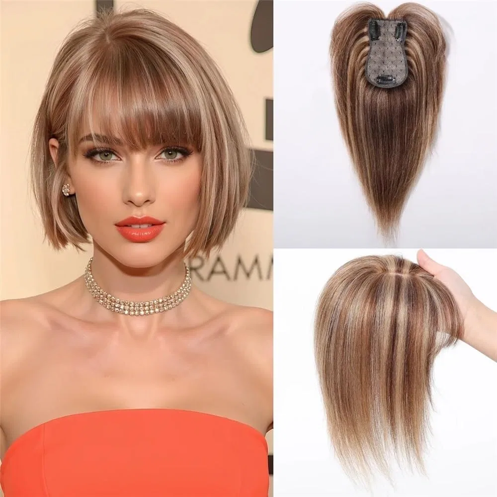 Накладка для волос из натуральных волос Remy с челкой 10 дюймов (коричневый микс блонд) Jianbohairs — фото 2