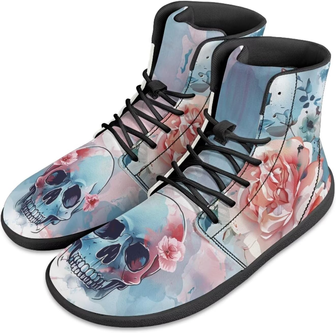 

Мужские кроссовки с высокой посадкой и широким носком Barefoot с черепами и цветочным принтом, шнуровка, противоскользящие, для тренировок и бега Xixirimido, розовый