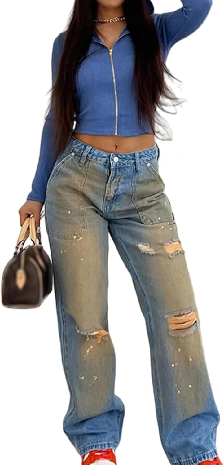 

Famnbro Baggy Ripped Jeans для женщин Loose Boyfriends High Waist