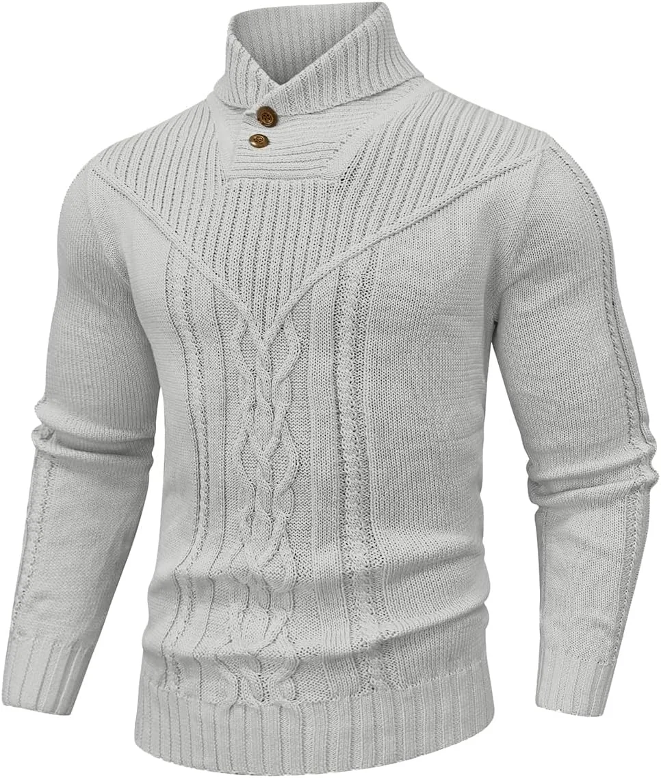 

Мужской пуловер с шальным воротником и кабельной вязкой SAVKOOV