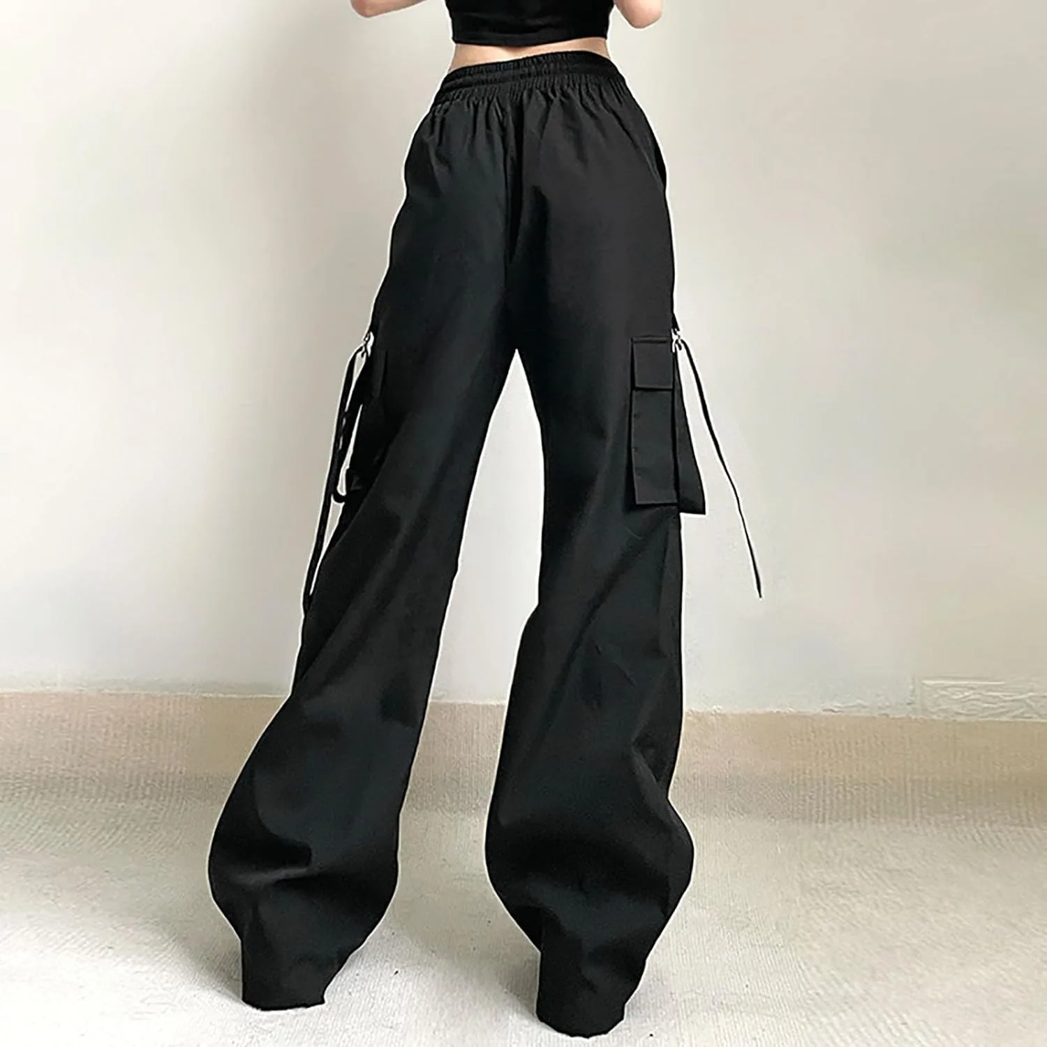 Женские прямые широкие брюки Parachute Cargo Pants Y2K для подростков в стиле стритвир с низкой посадкой, мешковатые на шнурке Generic, черный — фото 4