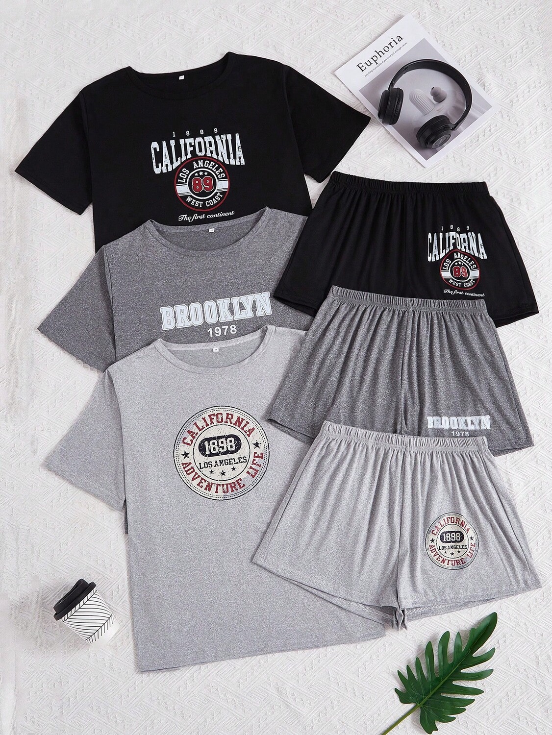 

3 шт./Компл., шорты-пижамы большого размера, принт с надписью, короткие рукава, мультиколор