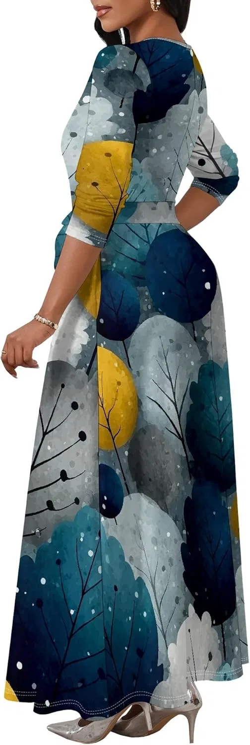 Женское длинное платье-макси с круглым вырезом, длинными рукавами, поясом, А-силуэтом, расклешенной юбкой и талией, длинное, струящееся, для вечеринок — фото 2