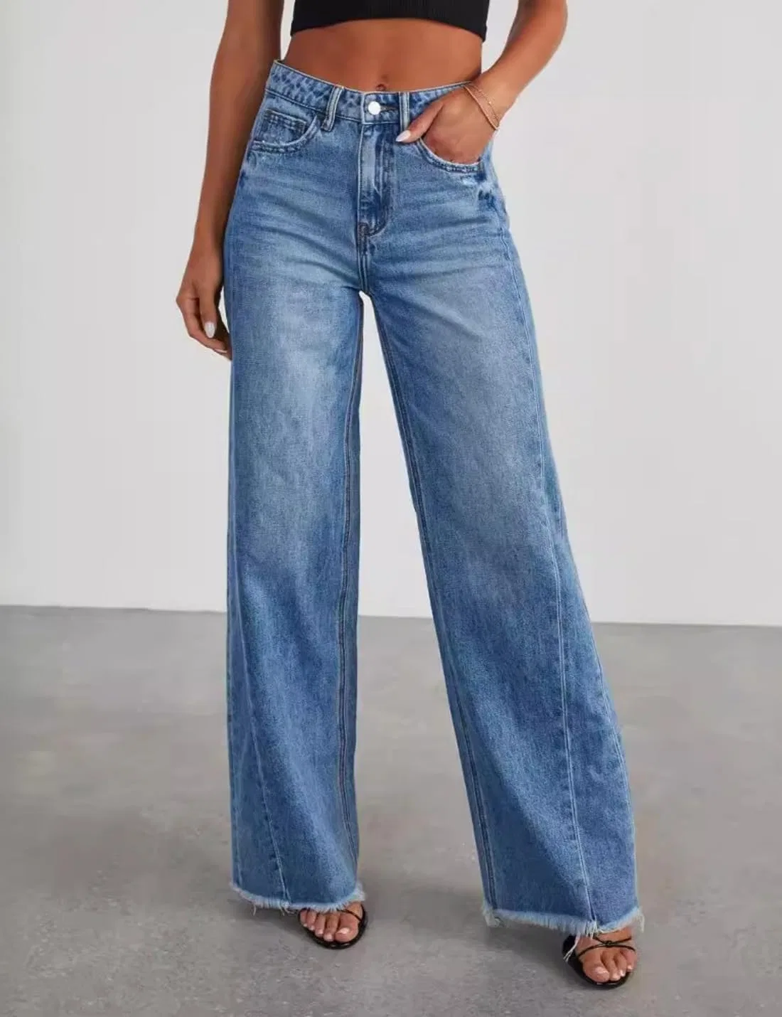 Джинсы свободные Women's Wide Leg Raw Hem Jeans, Blue — фото 3