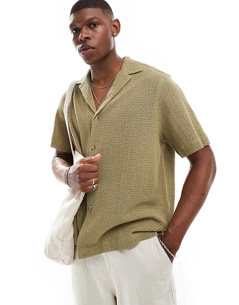 

Свободная рубашка с глубоким узором Revere Basket Texture цвета хаки ASOS DESIGN