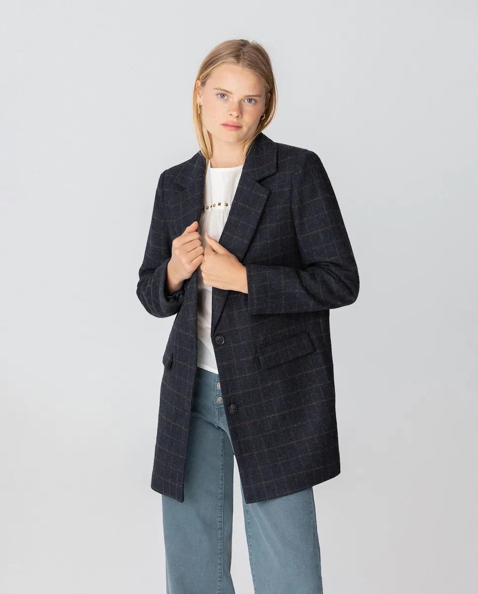 

Женское пальто с клетчатым воротником-лапкой Noon, темно-синий