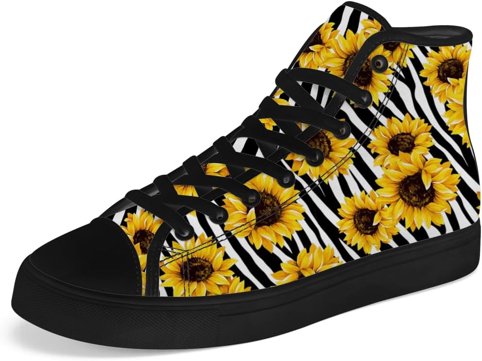 

Мужские и женские высокие кеды из холщовой ткани с рисунком подсолнуха, высокие кроссовки на шнуровке, повседневная обувь, подарки для мужчин и женщин Chebing, желтый