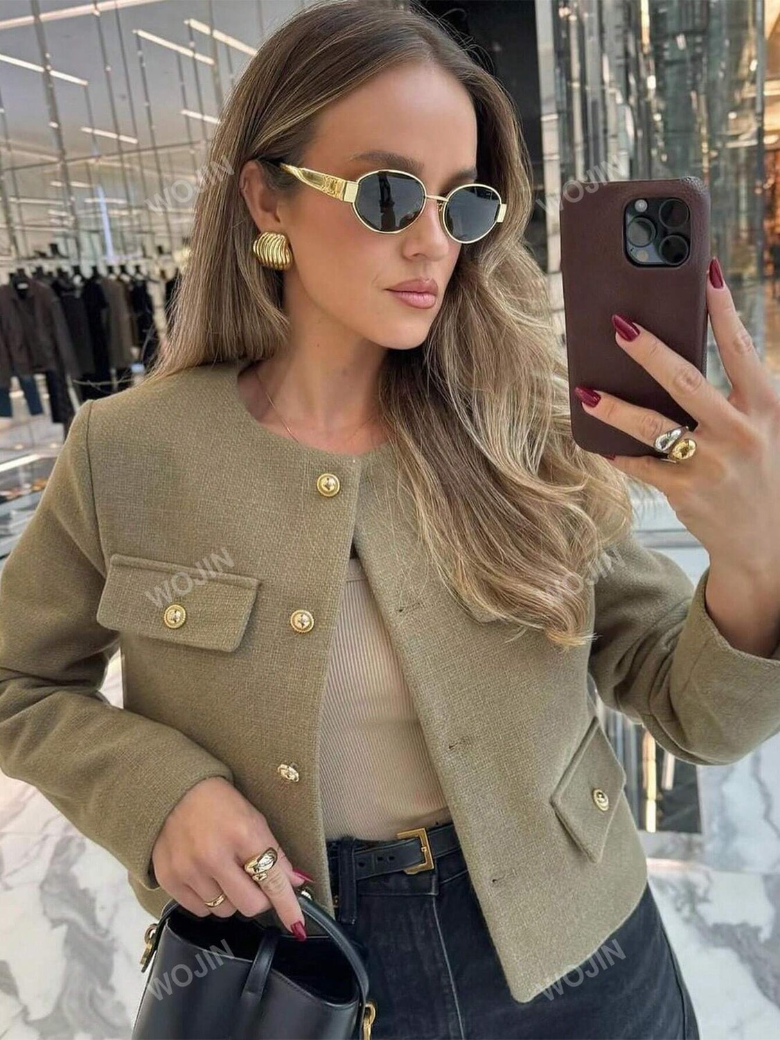 

Повседневный, но элегантный твидовый жакет, однотонный, с круглым вырезом и длинными рукавами, хаки