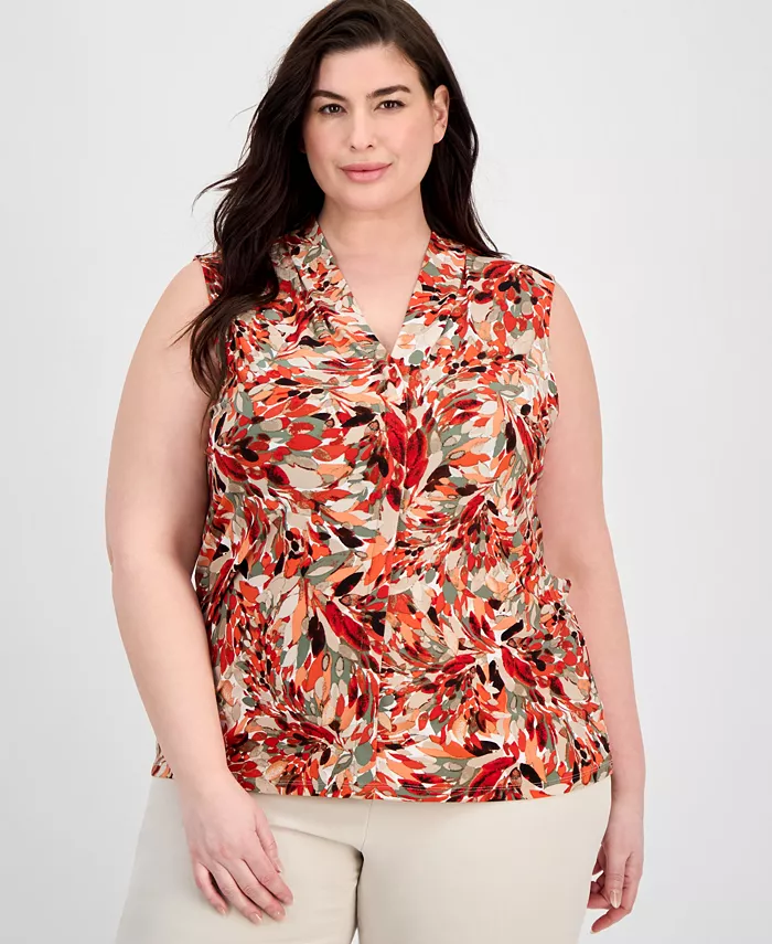 

Блузка с принтом и плиссированной горловиной Plus Size Kasper, белый