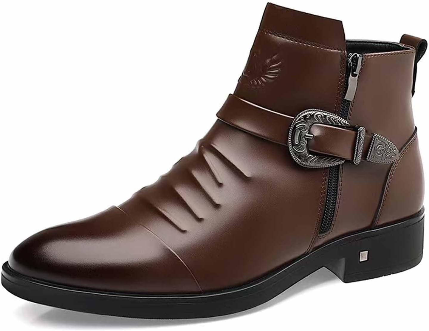

Мужские кожаные ботинки с тисненным узором, ремешком с пряжкой, ретро округлый носок, боковая молния, нескользящая подошва, низкий каблук, ботильоны для официальной и повседневной носки, короткие ботинки Donrrndk, коричневый