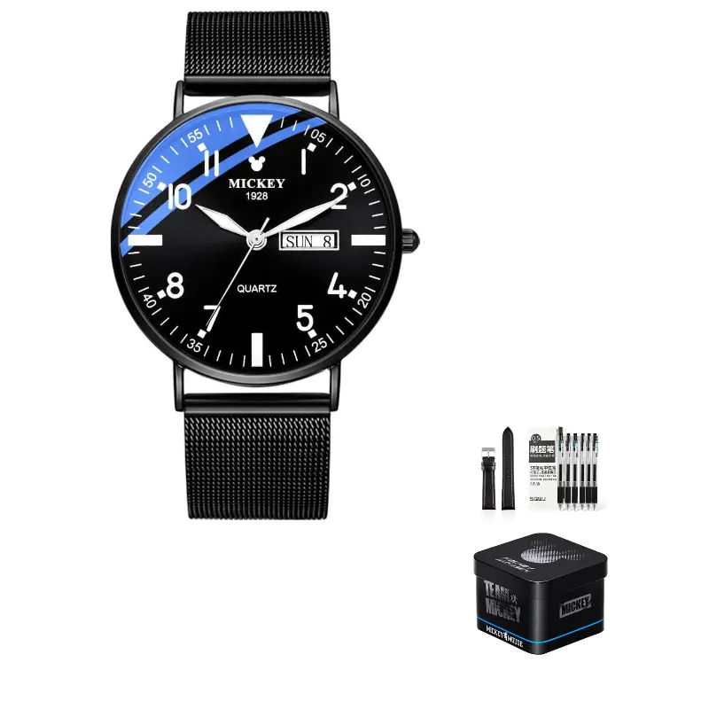 

Disney Часы Mickey Series Quartz Movement Watch Men's Watch Blue Dial, Classic Black Steel Band