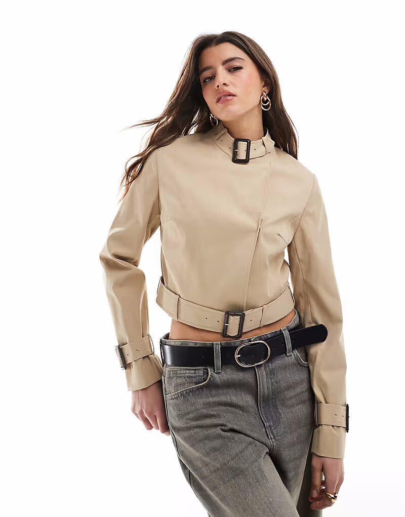 

Укороченный тренчкот с пряжкой на поясе ASOS DESIGN в каменном цвете