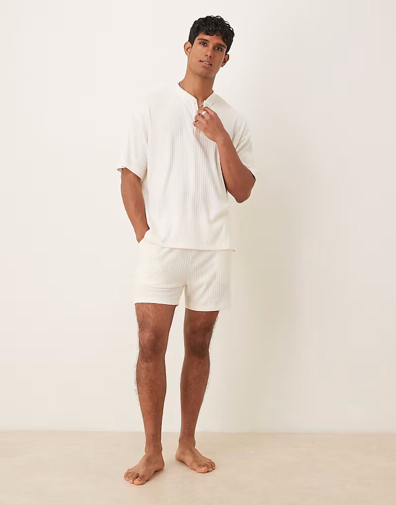 

Пижамный комплект с воротником-хенли в кремовом рубчике Asos Design