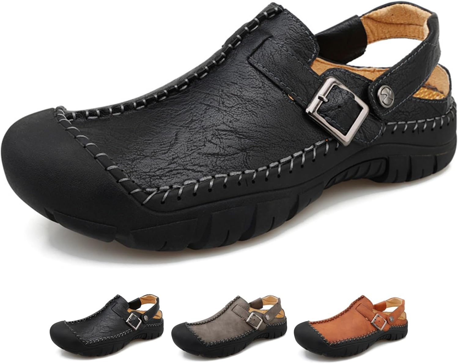 

Мужские кожаные закрытые повседневные сандалии Zeberfi с плоской подошвой, ремешком с пряжкой, летние ручной работы, на быструю носку, противоударным круглым носком, черный