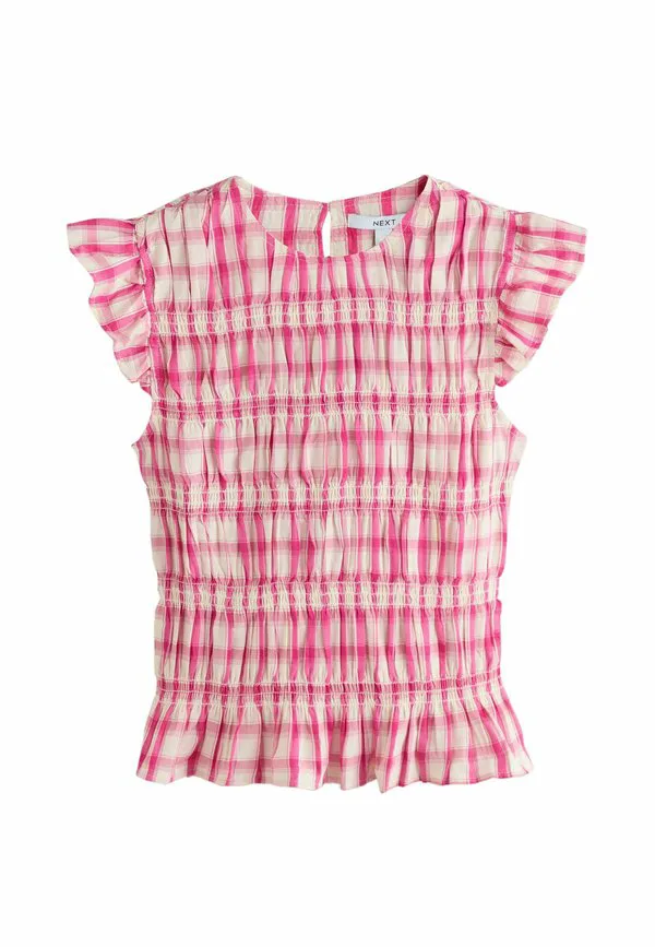 Футболка прямого кроя с присборенными рукавами-крылышками и принтом. Next, Pink Cream Gingham
