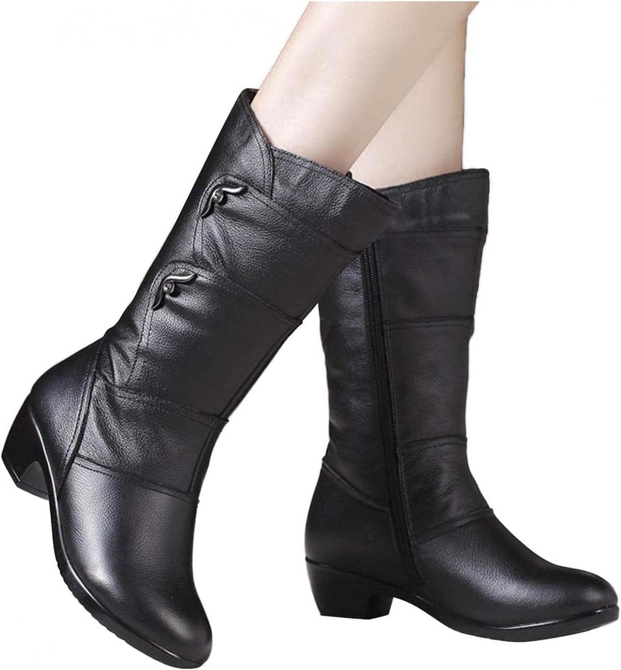 

Женские зимние сапоги Hbeylia, модные повседневные кожаные с округлым носком, массивным невысоким каблуком, теплые сапоги до середины голени с флисовой подкладкой, термоботинки, короткие праздничные ботинки для Хэллоуина и Рождества, черный