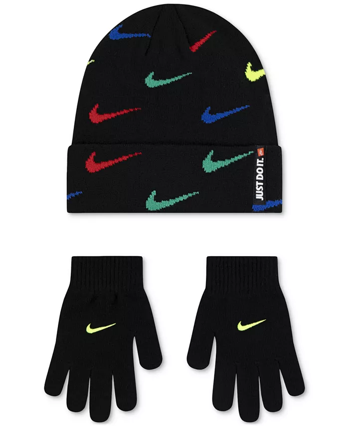 

Комплект из двух предметов: шапка и перчатки с принтом Swoosh Repeat для больших мальчиков Nike, черный