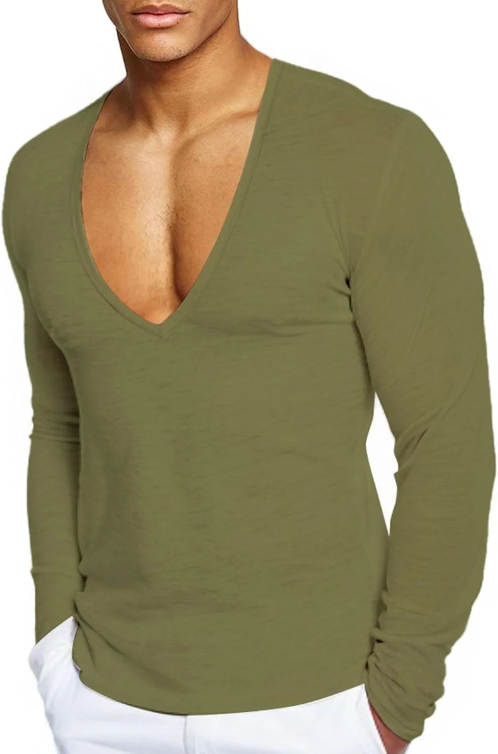 

Мужская футболка с глубоким V-вырезом, длинный рукав, термобелье, Slim Fit