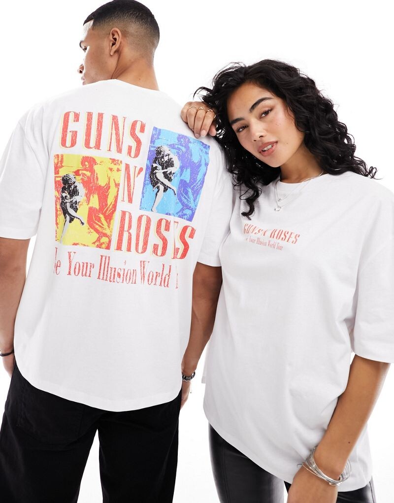 

Белая объемная футболка унисекс с графическим рисунком и принтом Guns N Roses Tour ASOS DESIGN