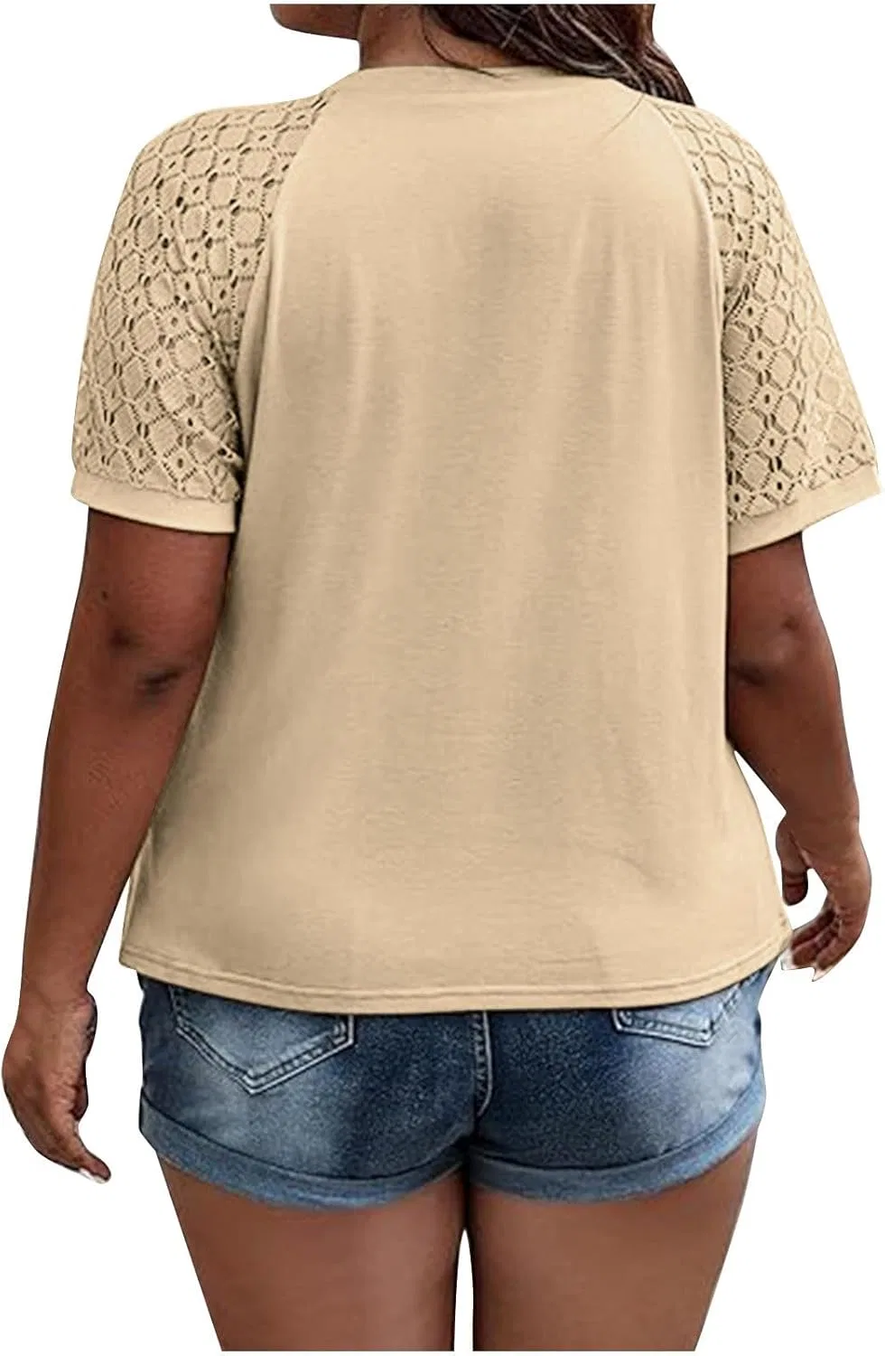 Футболка с круглым вырезом и кружевными рукавами, Oversized, Khaki — фото 3