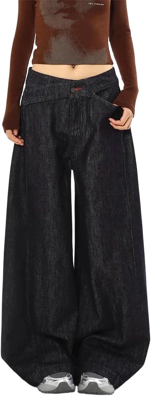 Джинсы свободные Women's Deep V Neck Loose Wide Leg High Waisted Casual Straight Leg Jeans, Black