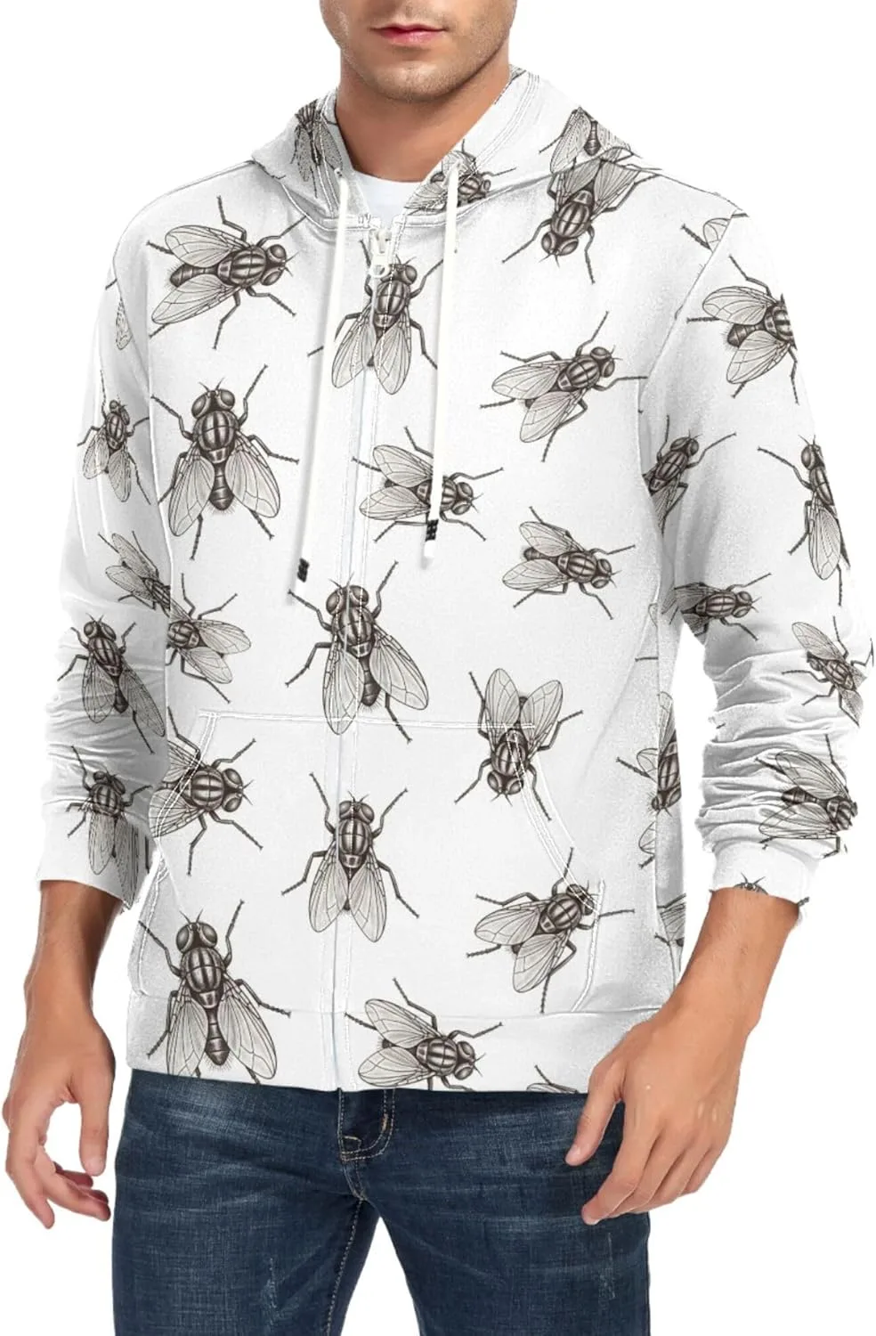 

Мужская худи на молнии с принтом Fly Pattern, длинный рукав и карман CUPADA