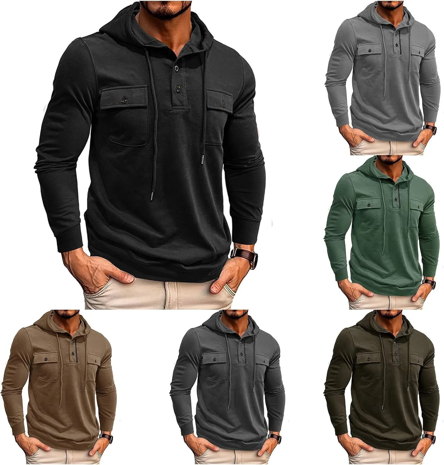 

Wankang мужская худи на четверти пуговиц с капюшоном, длинный рукав, винтажный стиль