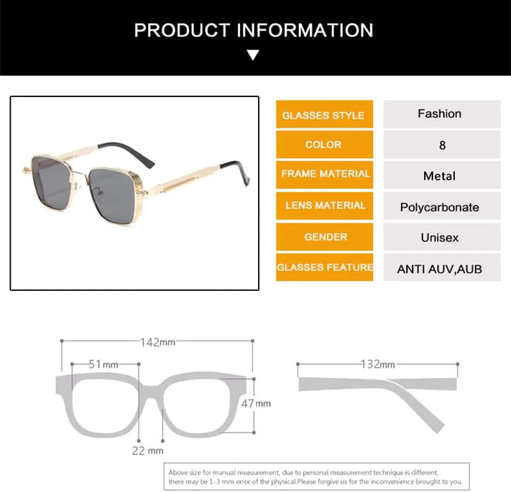 

Квадратные солнцезащитные очки в стиле стимпанк для мужчин и женщин, винтажные металлические панк-солнцезащитные очки с защитой от УФ-излучения UV400 MTZJH, 08