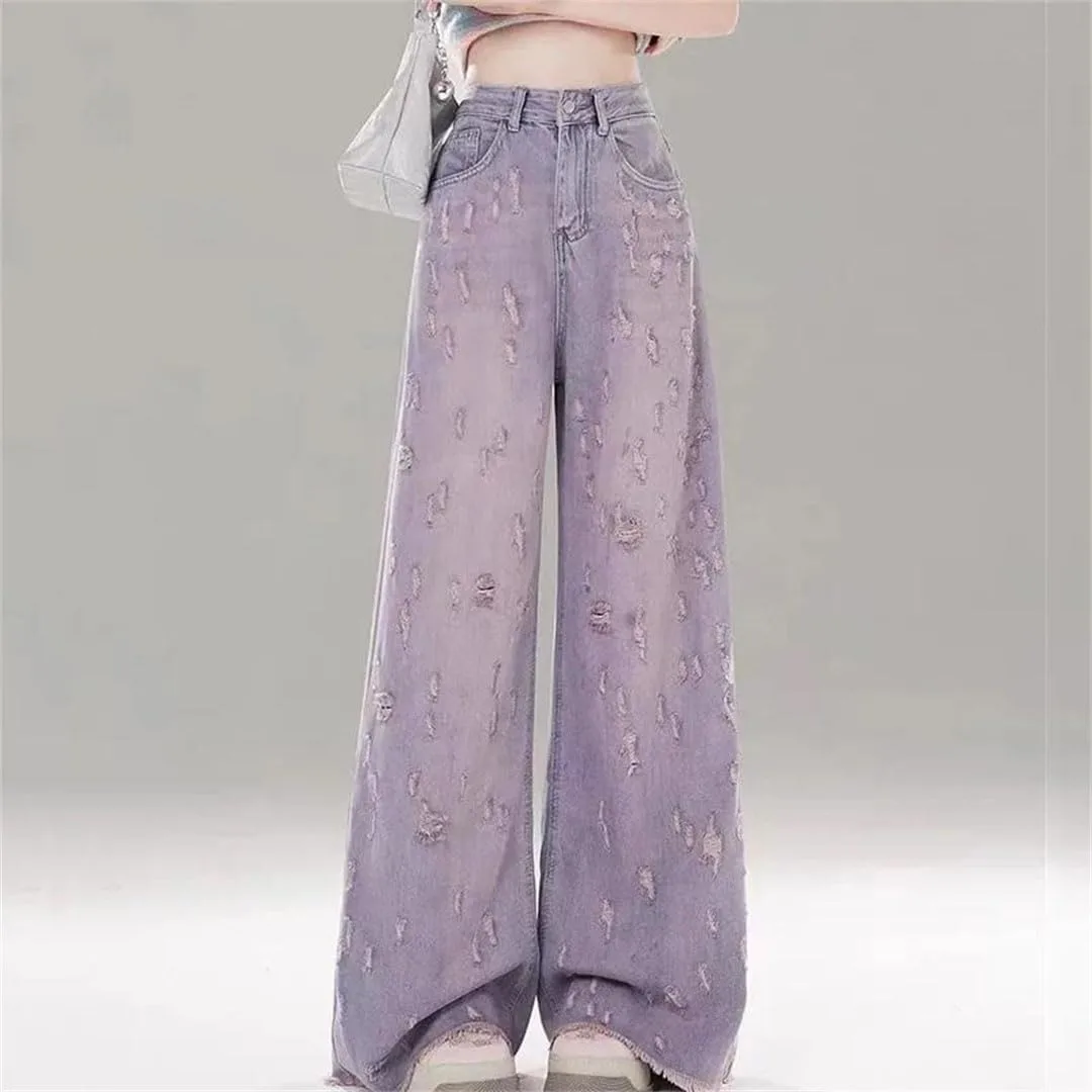 Женские рваные брюки в стиле baggy, джинсы с грубым краем в корейском стиле Generic, фиолетовый — фото 3
