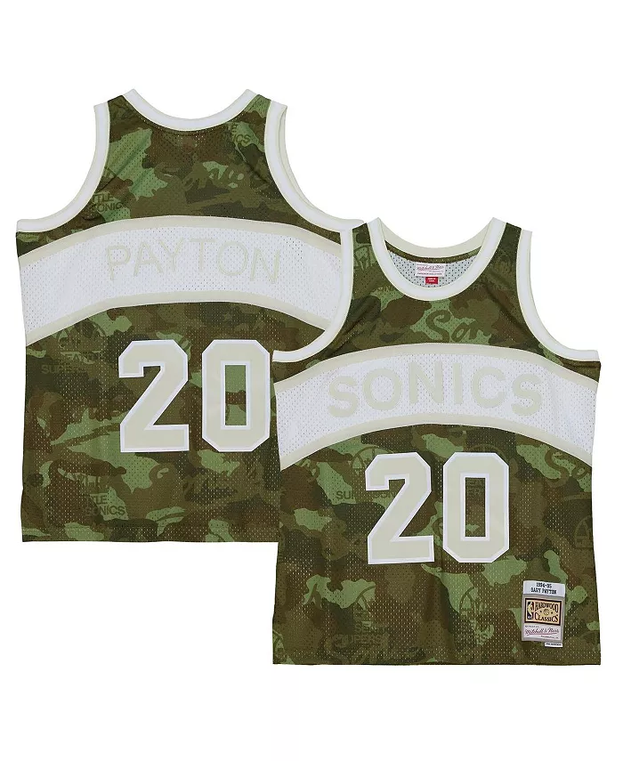 

Мужская баскетбольная майка Gary Payton Camo Seattle Supersonics Hardwood Classics 1984/85 Ghost Green Swingman Mitchell & Ness