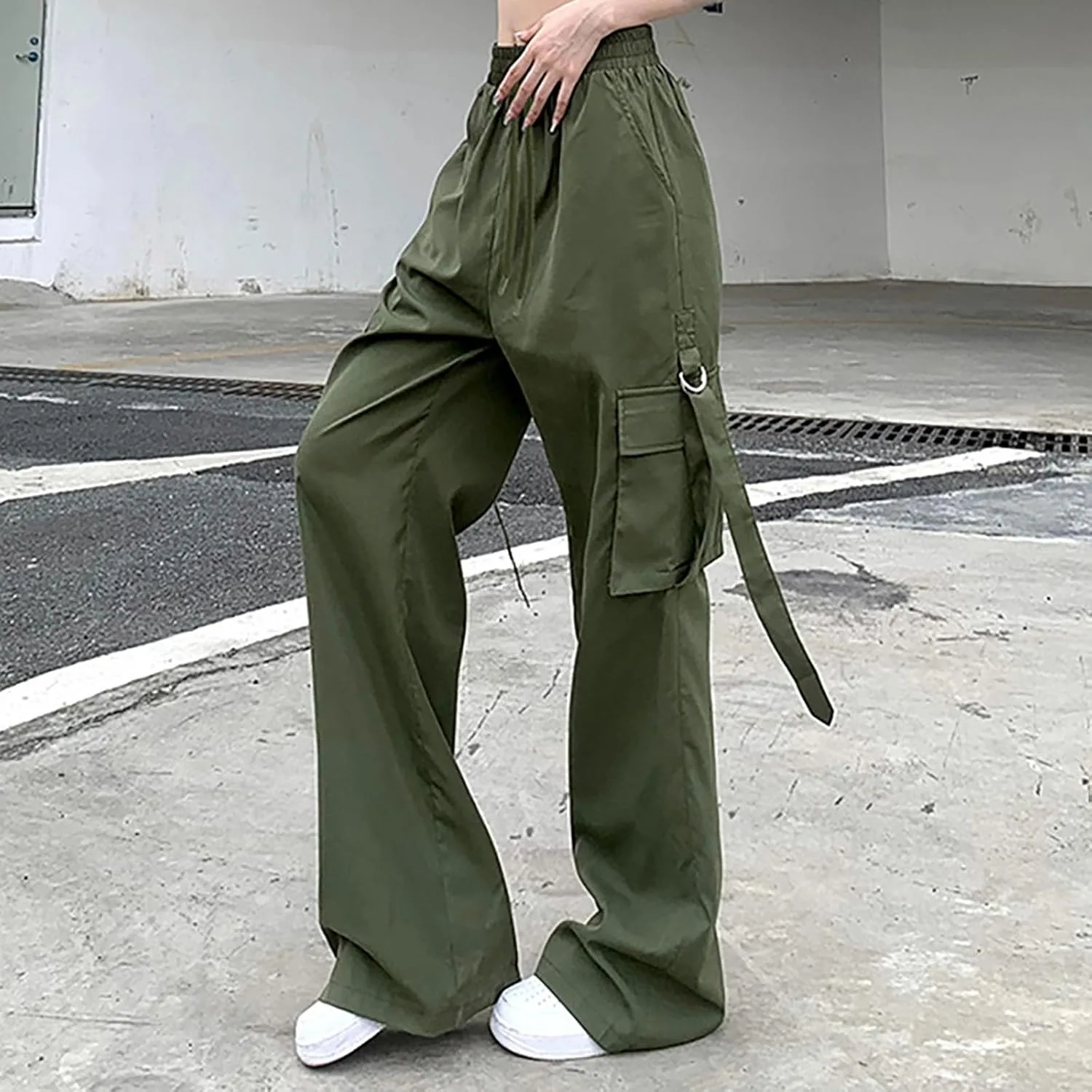 Женские прямые широкие брюки Parachute Cargo Pants Y2K для подростков в стиле стритвир с низкой посадкой, мешковатые на шнурке Generic, зеленый — фото 4