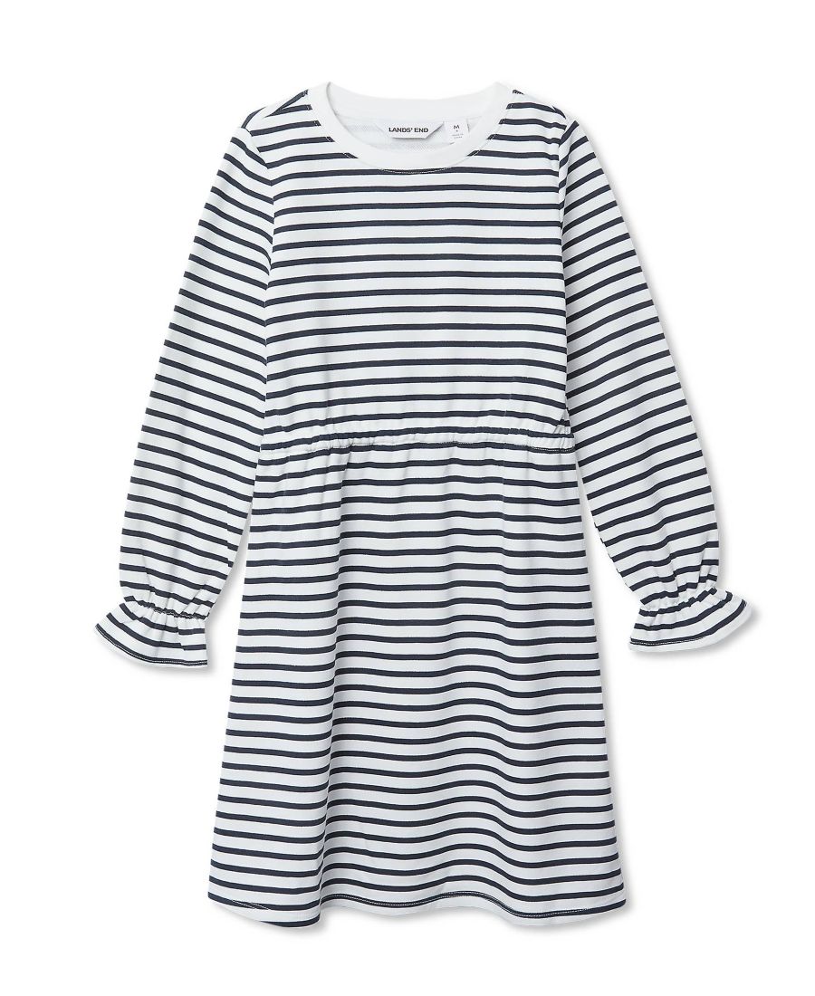

Детское трикотажное платье с длинными рукавами из французской махровой ткани Lands' End, Navy/ivory stripe