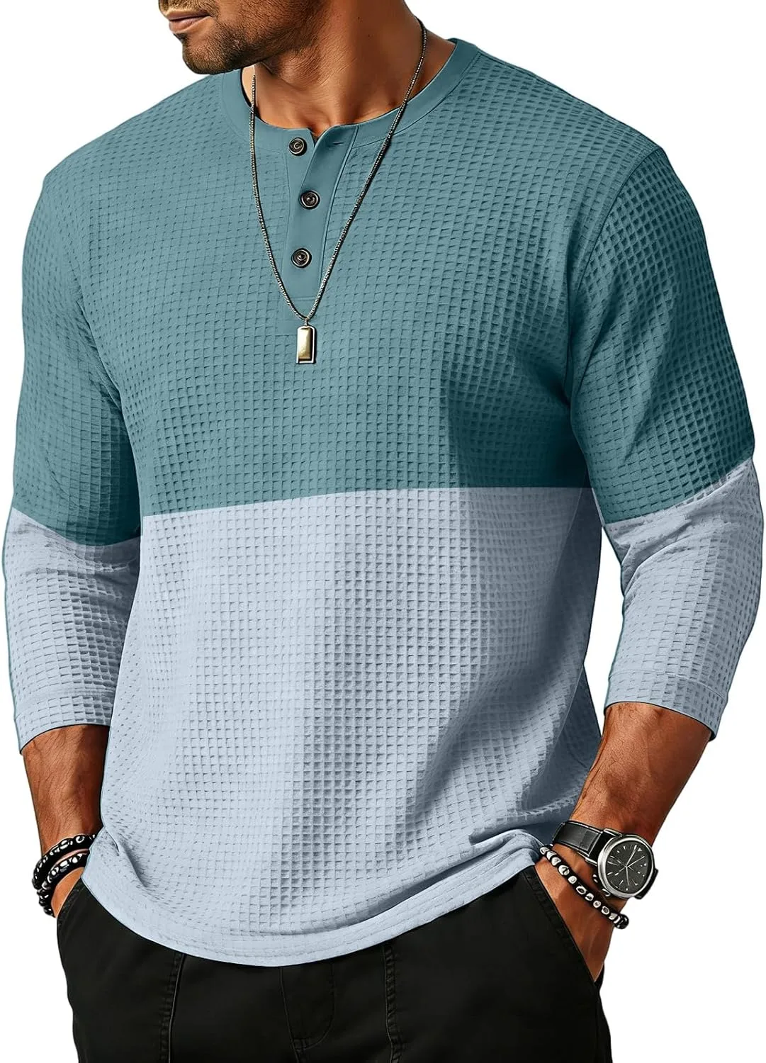 

Мужская футболка Henley с цветными блоками и рукавом 3/4, Waffle Knit, S-3XL WENKOMG1