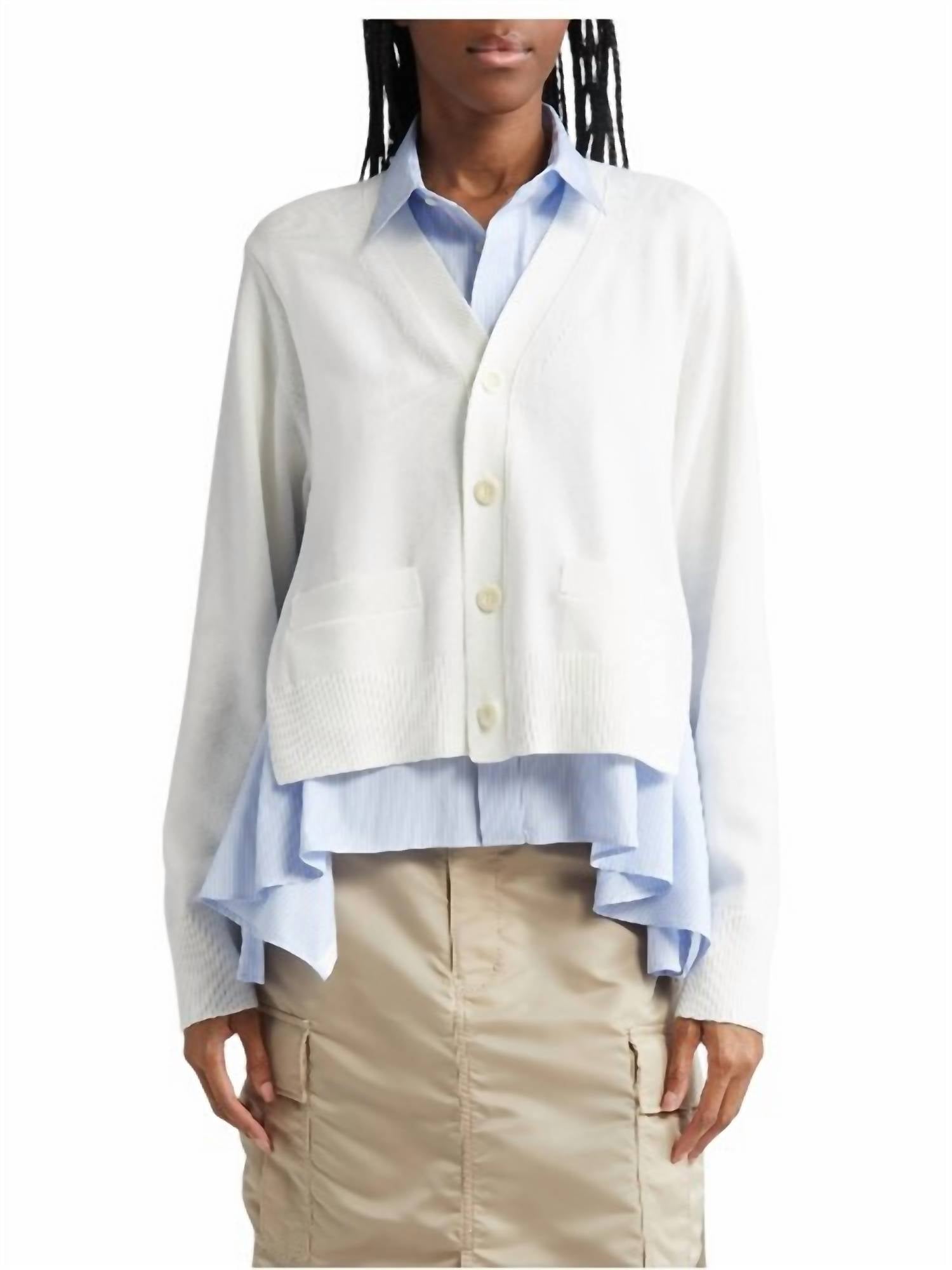 

Полосатый хлопковый поплин и трикотажный кардиган в цвете бежевый/светло-голубая полоска Sacai