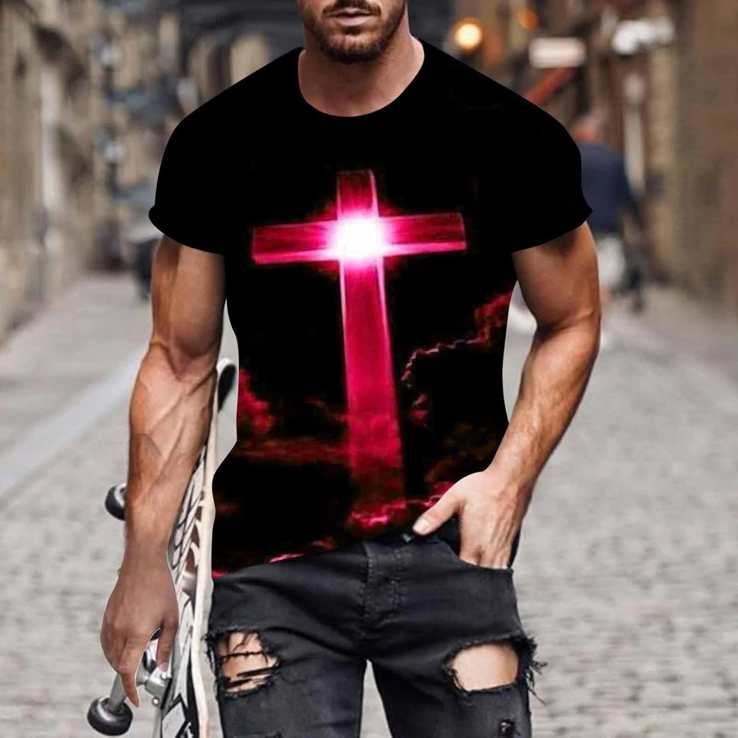 Футболка с принтом Jesus Cross, мужская, Hot Pink — фото 2