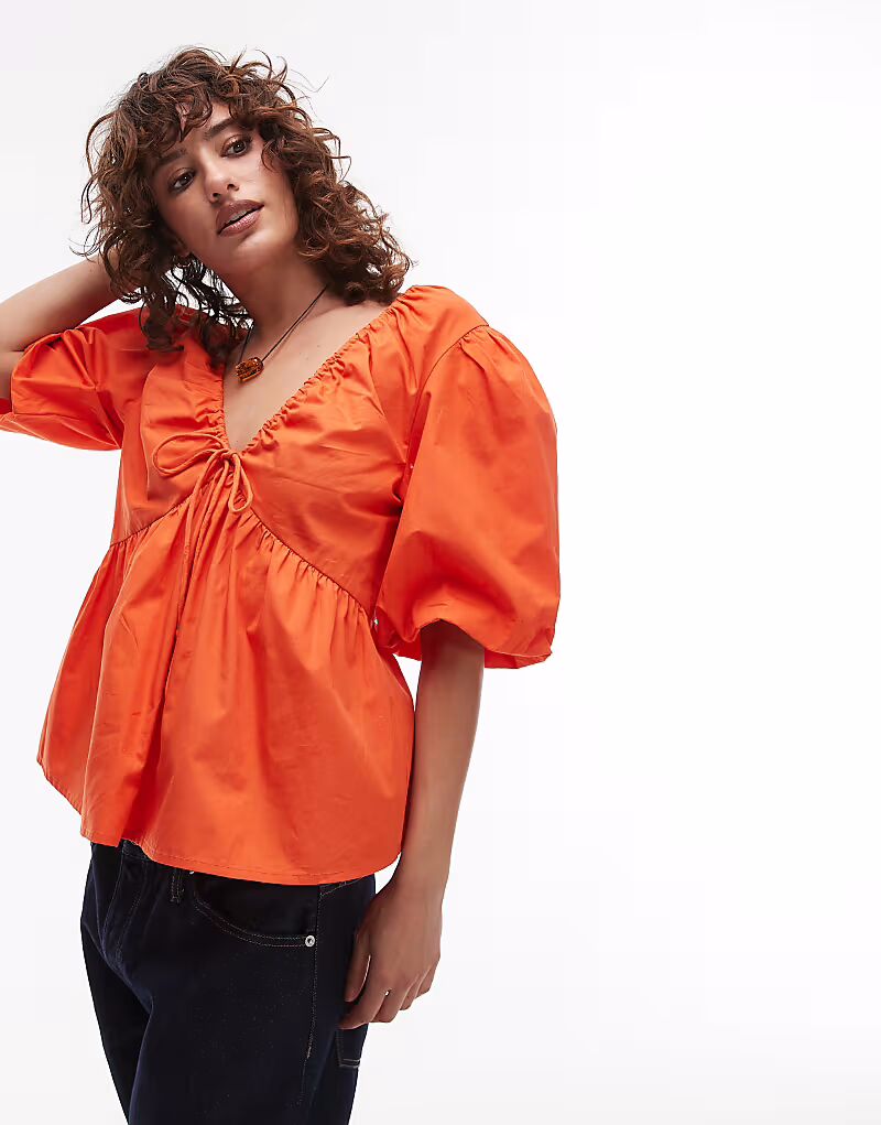 

Топ Topshop из поплина с рукавами-фонариками оранжевого цвета