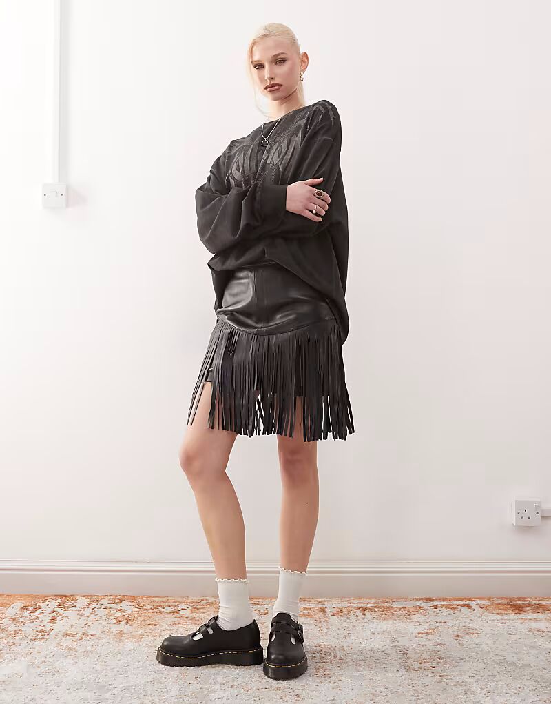 

Юбка Barneys Originals из натуральной кожи с бахромой черного цвета