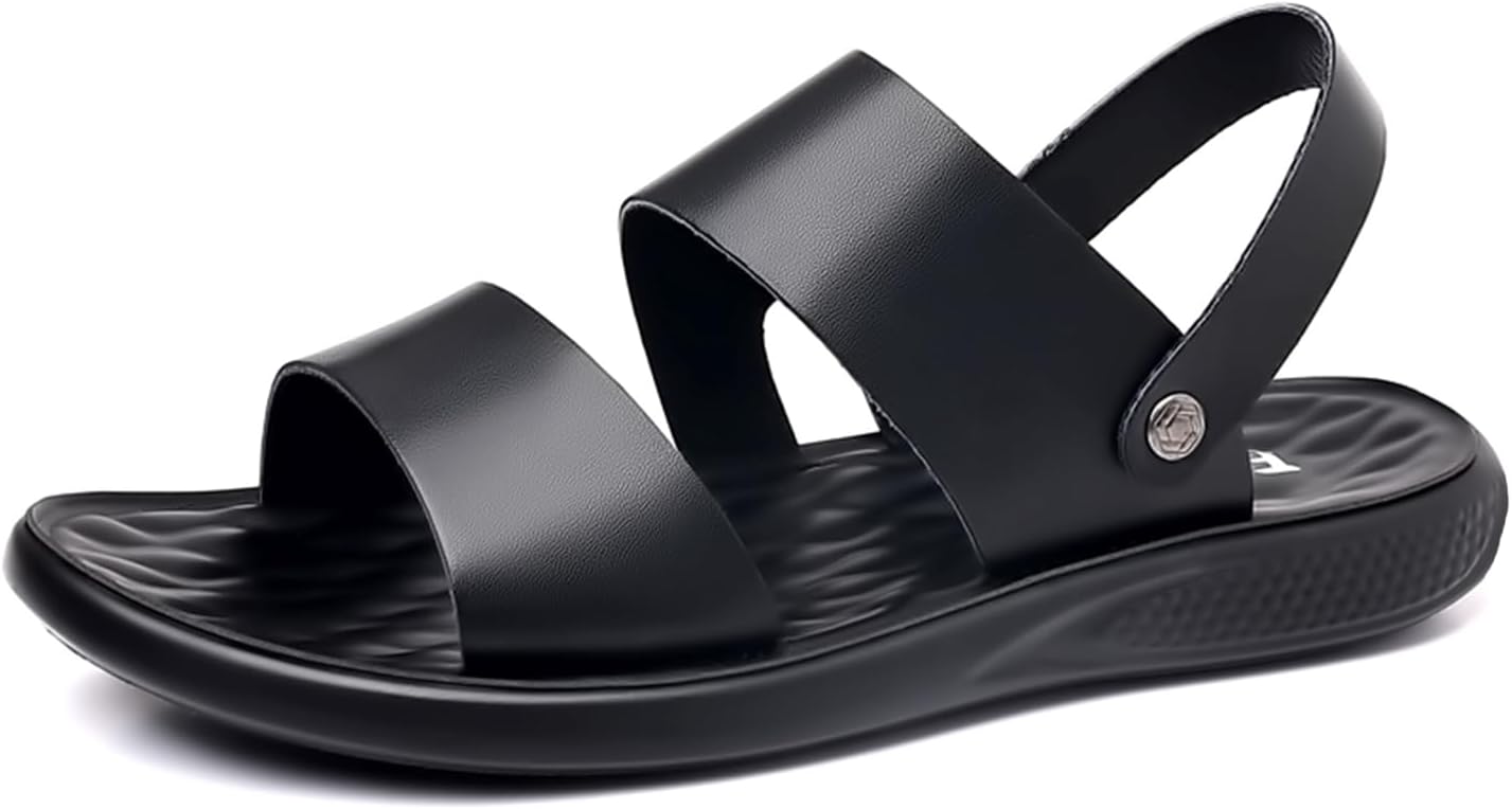 

Мужские кожаные модные сандалии ENJGU с открытым носком, задником на ремешке, регулируемыми лодыжечными ремнями, пляжные сандалии без скольжения, мягкие и удобные шлепанцы, черный