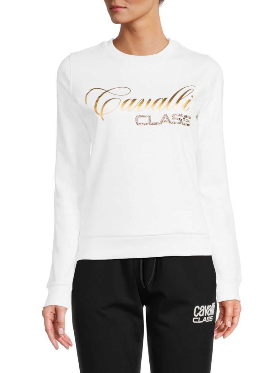 

Толстовка с круглым вырезом из хлопковой смеси с фольгой и заклепками Roberto Cavalli, цвет White Gold