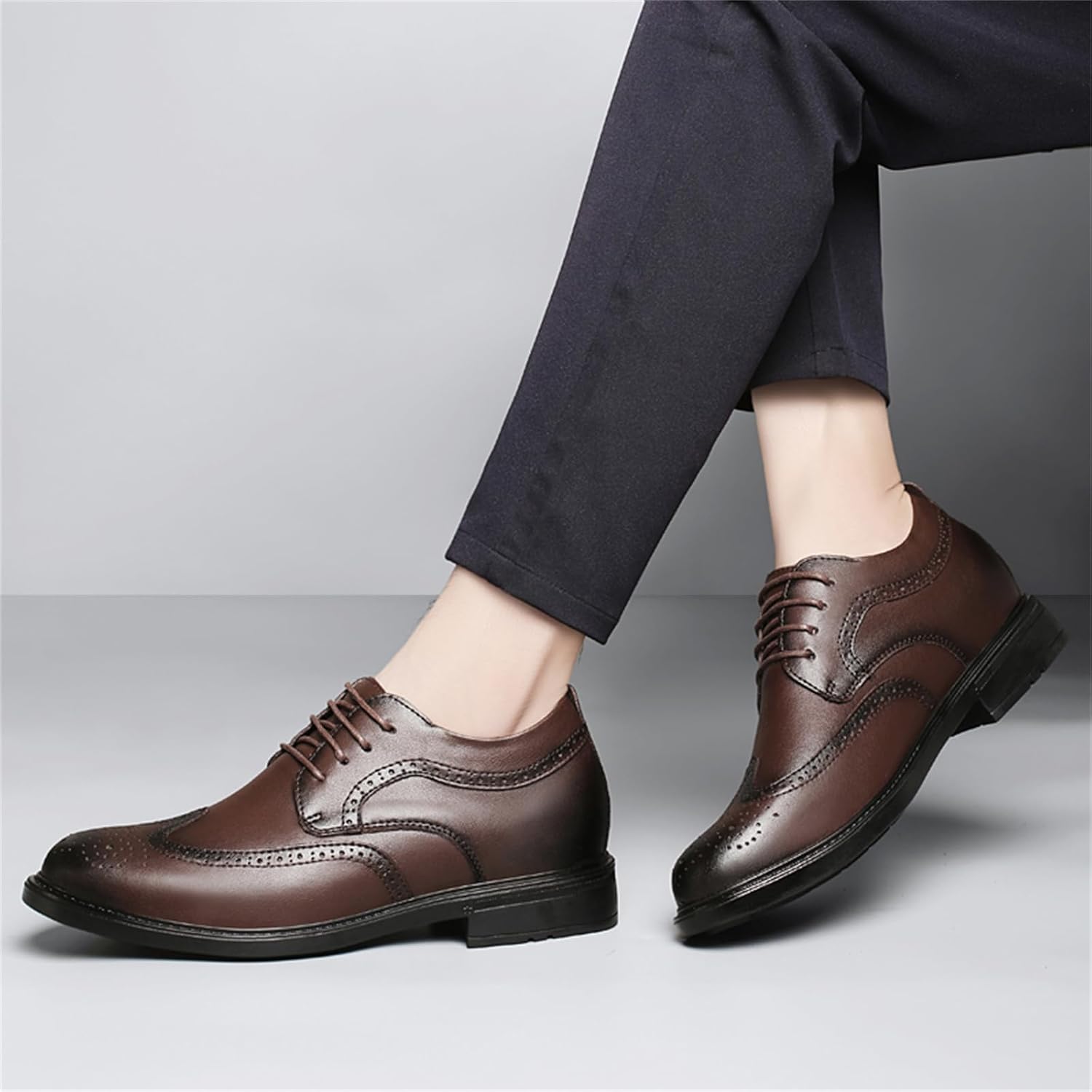 Мужские туфли оксфорды Brogue Wingtip из натуральной кожи с шнуровкой, легкие, мягкая кожа верх, декоративные перфорации, низкий каблук, туфли для офиса, бизнеса, свадьбы и вечеринок Psieicwm, коричневый — фото 4