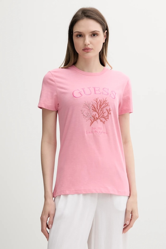 

Хлопковая футболка Guess, розовый
