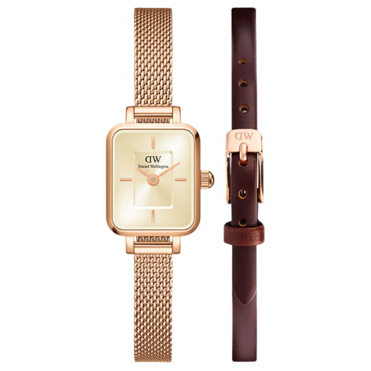 

Даниэль Веллингтон Квадро Мини Люминэ 18 мм DW/DanielWellington, Champagne золотой Small Cube & коричневый Leather Strap