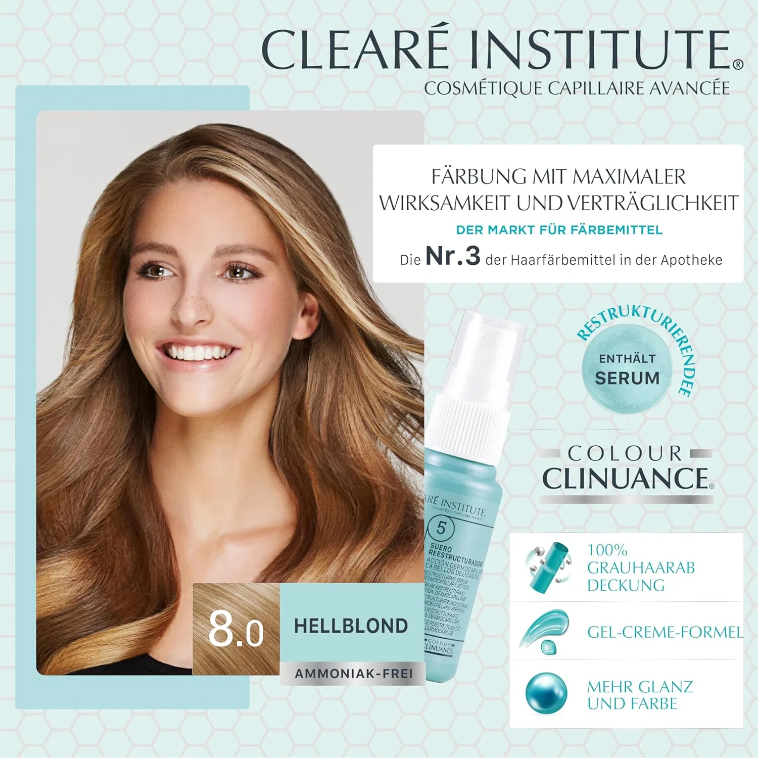 Стойкая краска для волос Colour Clinuance без аммиака, 8.0 светло-русый Clearé Institute, 8.0 Light Blonde — фото 2