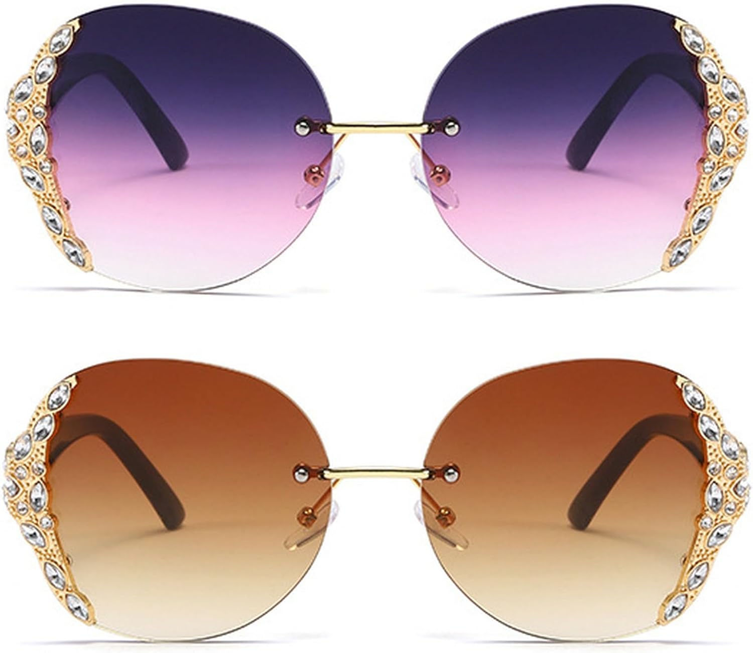 

Женские солнцезащитные очки без оправы с бриллиантами, роскошные, большие, круглые, со стразами, в винтажном стиле, для вечеринок, с градиентным переходом цвета mincl, 2pcs-purple&brown