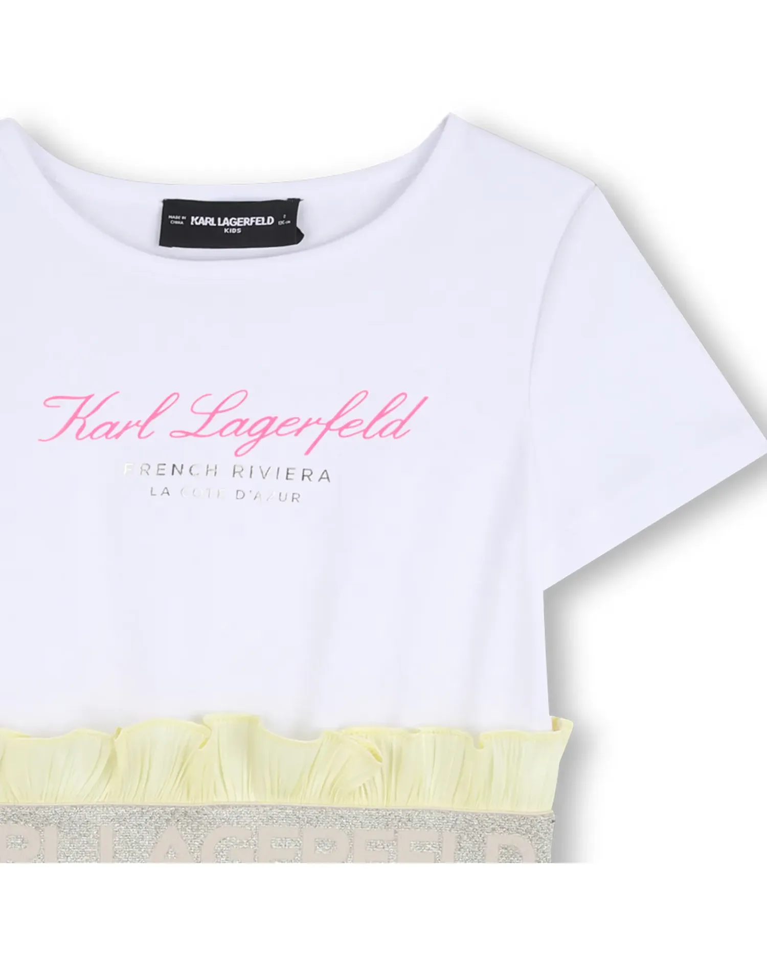 Платье для девочки с коротким рукавом и рисунком спереди из полиэстера Karl Lagerfeld Kids, желтый — фото 3