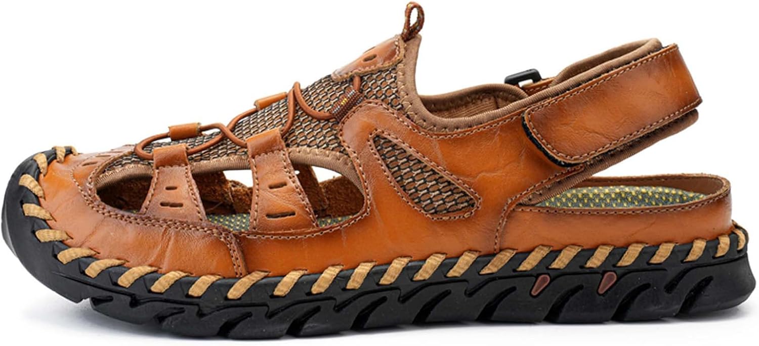 

Мужские спортивные сандалии с закрытым носком из кожи и сетки, дышащие, противоскользящие, быстросохнущие, легкие, для повседневной прогулки, пляжа, походов, скалолазания и активного отдыха Generic, хаки