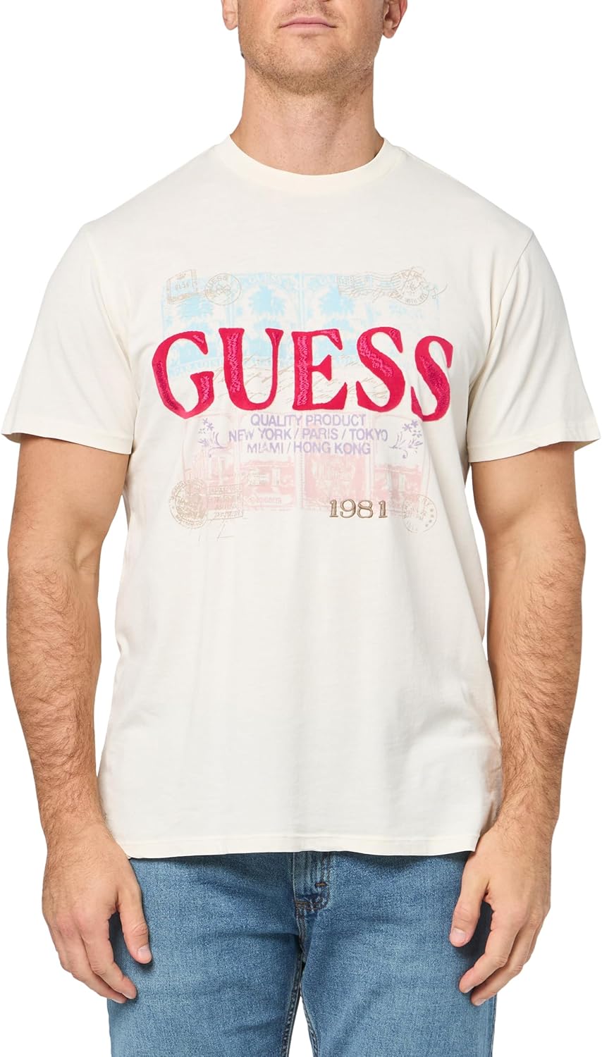 

Мужская футболка GUESS с логотипом Eco World Stamps, Pearl White Multi